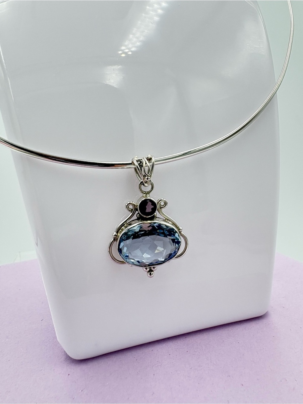 Elegant 925 Silver 10 CT Faceted Aquamarine & Amethyst Pendant - (Pendant Only) - Picture 14 of 16
